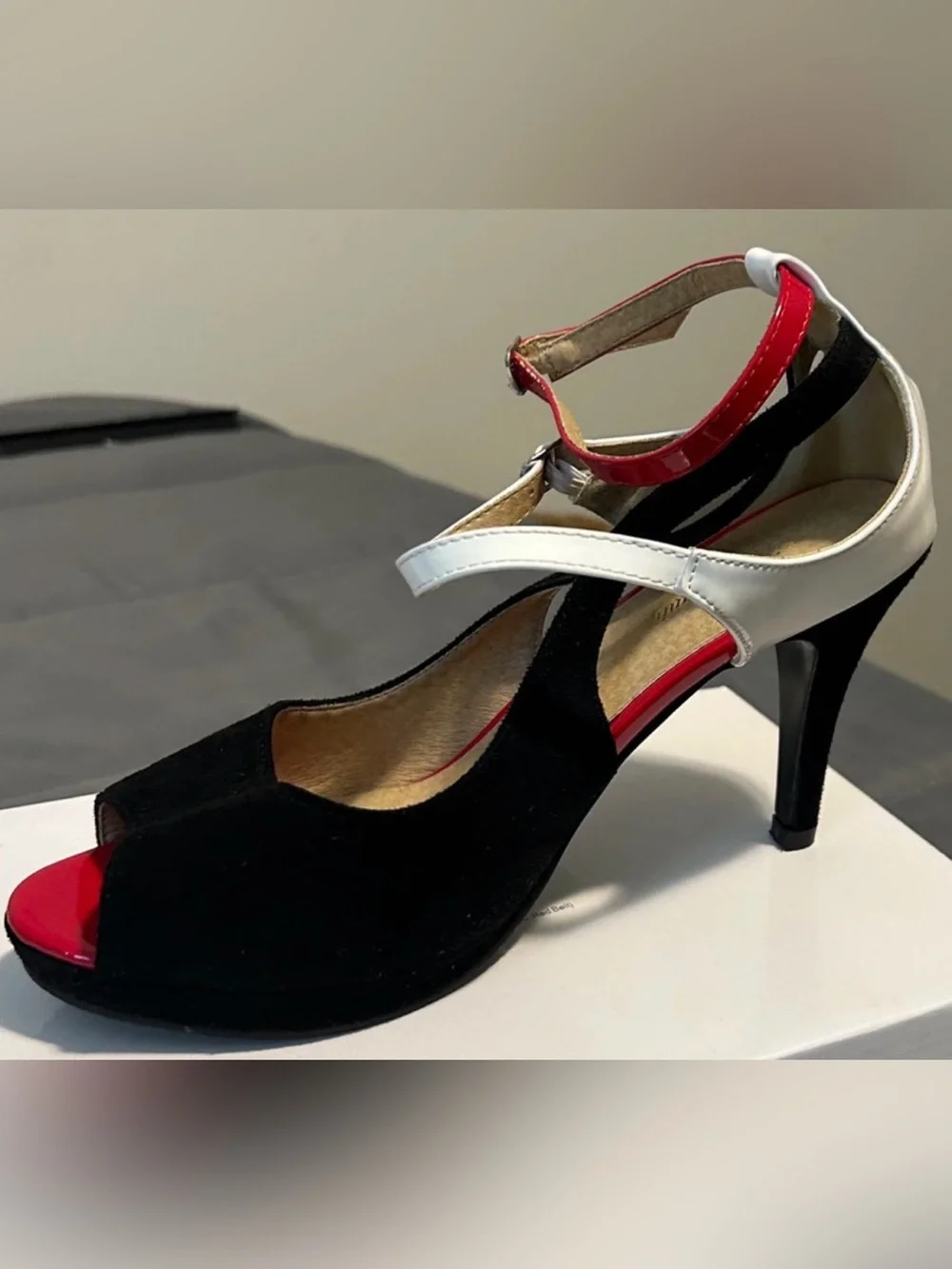 Black, White & Red Women's Peep-Toe Ankle-Strap Heels